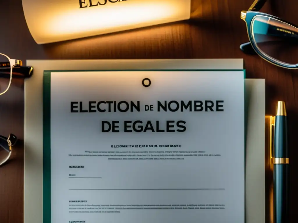 Documento legal sobre Elección de Nombre de Marca: Criterios Legales, con gafas elegantes en un escritorio minimalista, atmosfera profesional y acogedora