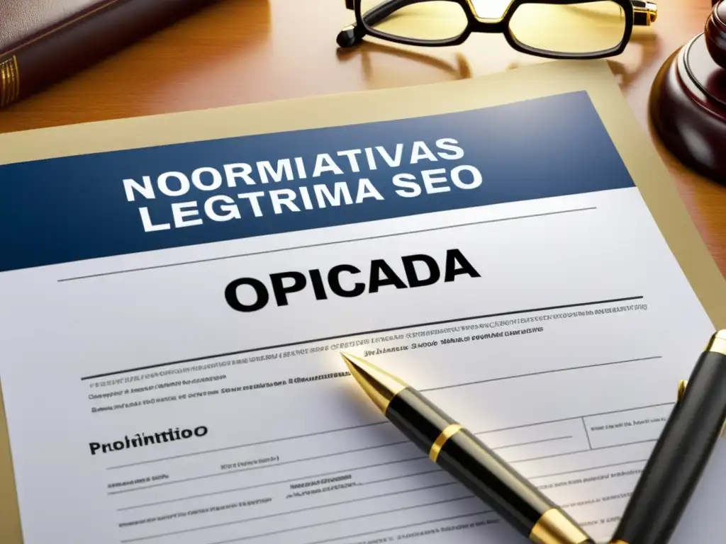 Documento legal moderno sobre 'Normativas legales para la optimización SEO de marcas registradas', transmite credibilidad y expertise