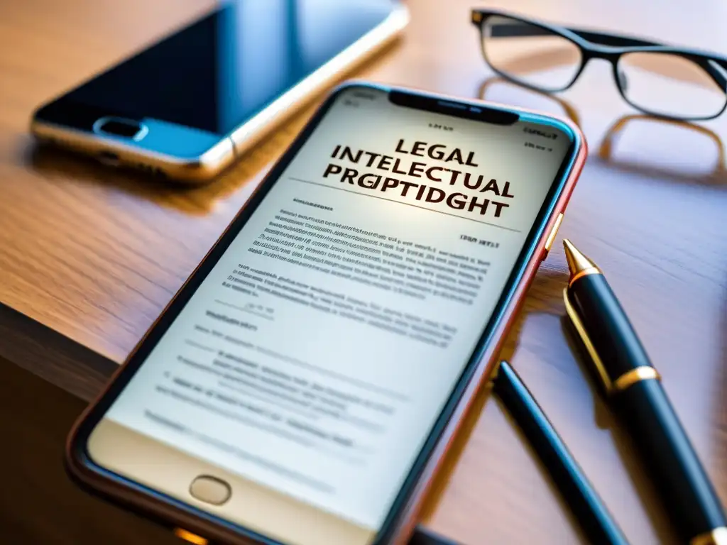 Documento legal sobre protección de propiedad intelectual en aplicaciones móviles, en un entorno profesional y sofisticado