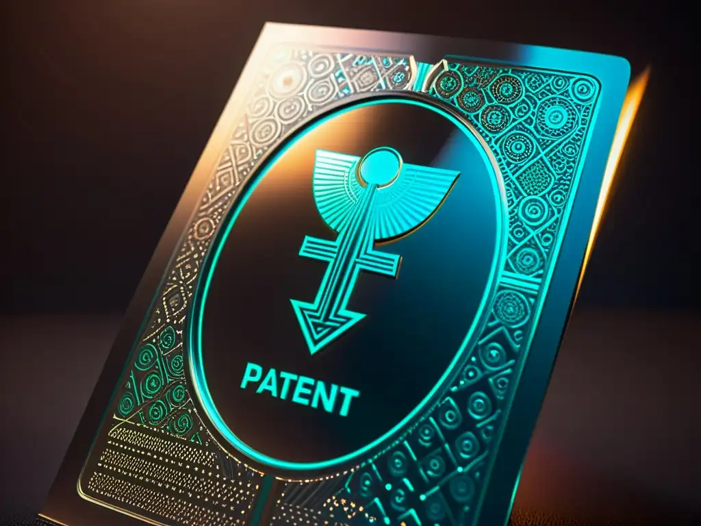 Documento de patente metálico futurista con brillo sutil, simbolizando la protección de innovación mediante patentes en un fondo oscuro elegante