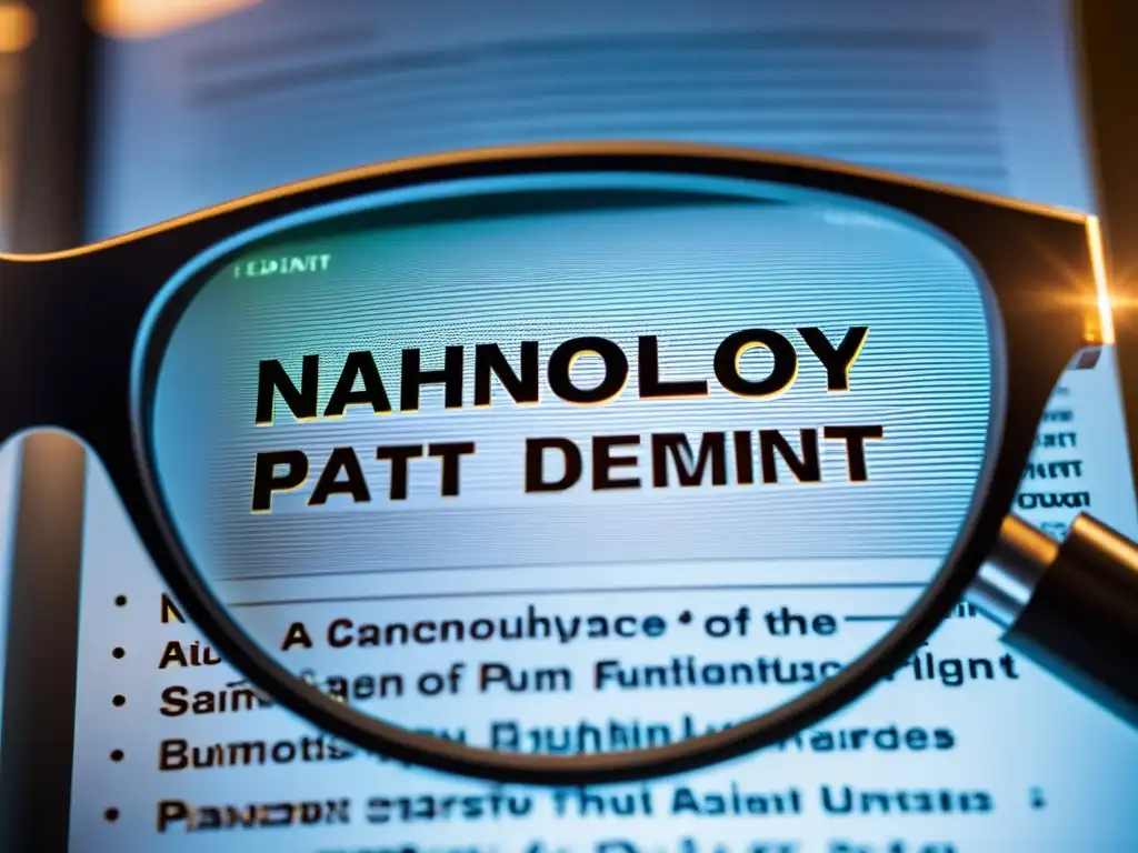 Un documento de patente de nanotecnología detallado bajo microscopio, examinado por un científico con lentes de alta tecnología