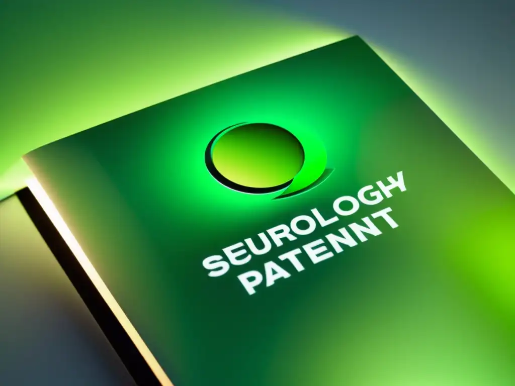 Documento de patente de tecnología verde para marcas con logo destacado, iluminado en verde suave, transmitiendo innovación y sofisticación