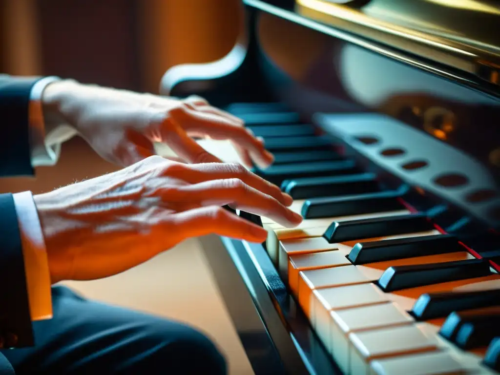 Dramático close-up de manos de compositor sobre teclado de piano, bañadas en cálida luz
