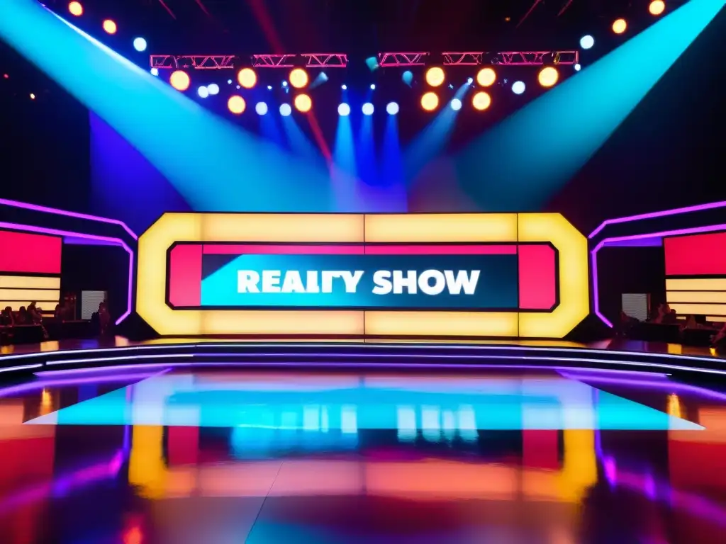 Dramático set de reality show con concursantes diversos compitiendo, reflejando energía y emoción