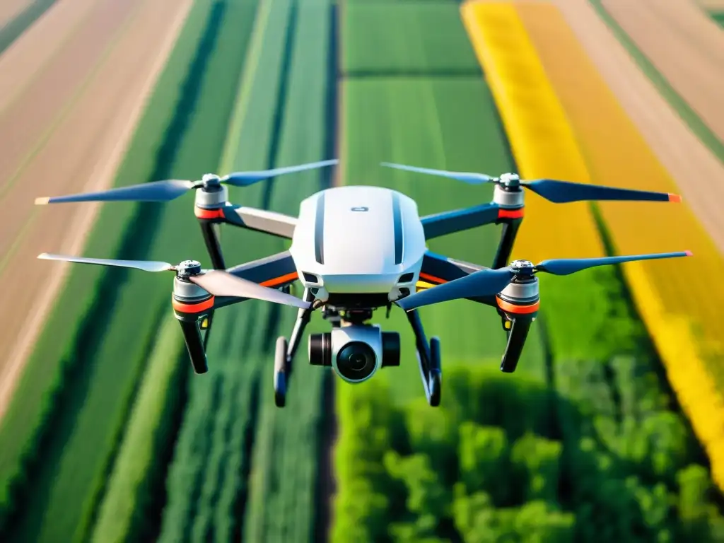 Un dron agrícola de precisión vuela sobre un campo verde exuberante, mostrando la tecnología moderna