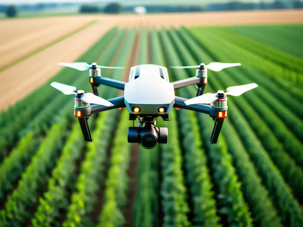 Un dron agrícola futurista con tecnología de precisión vuela sobre un campo exuberante, demostrando patentes en la agricultura de precisión