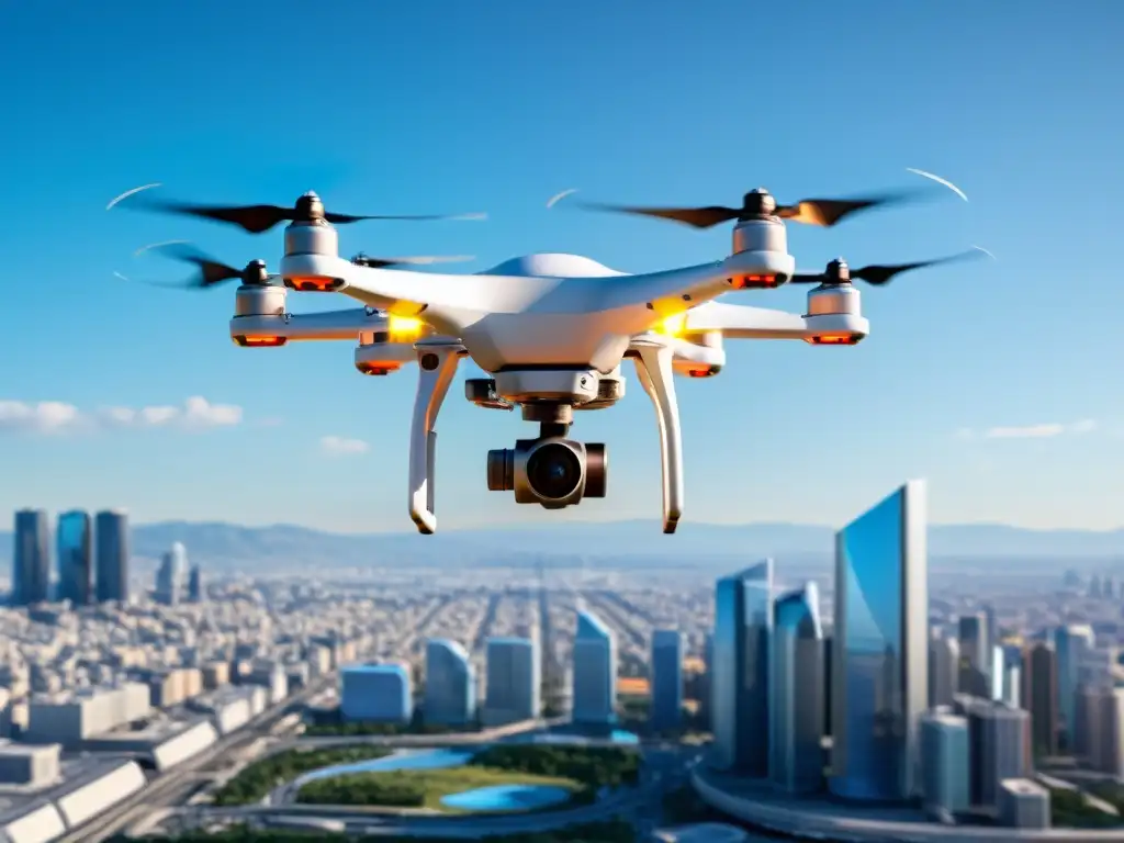 Un dron moderno con cámara de alta resolución, capturando una ciudad futurista