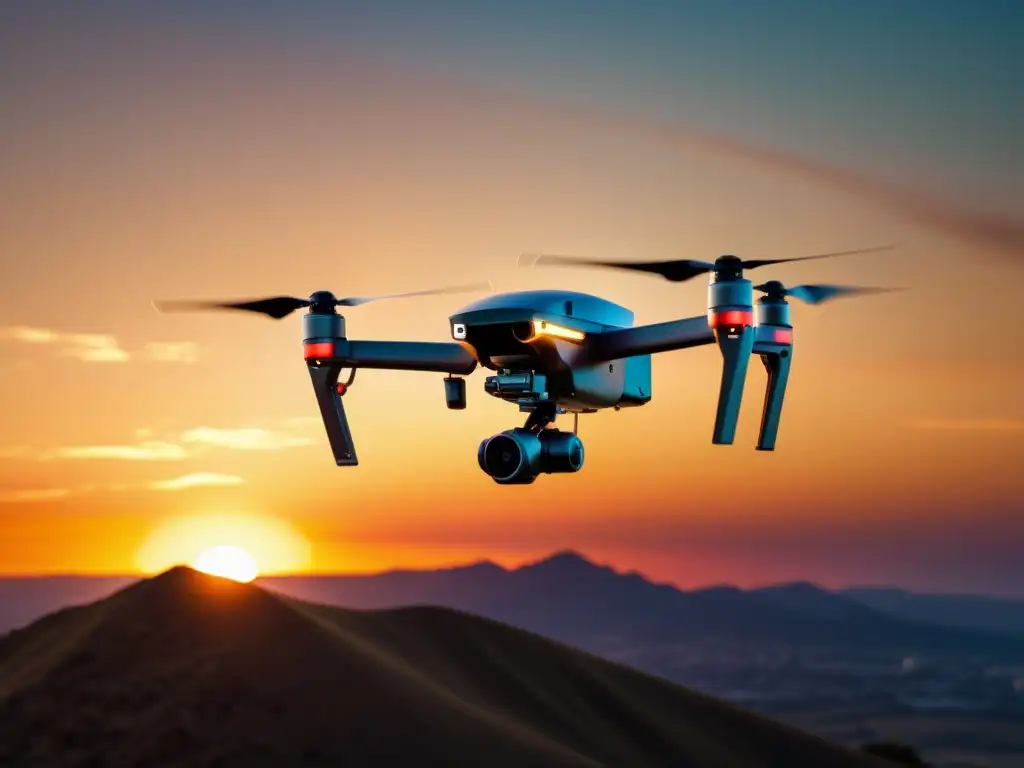 Un dron moderno y elegante con detalles intrincados de hélice y cámara de alta resolución, se eleva contra un vibrante atardecer, creando una impactante silueta