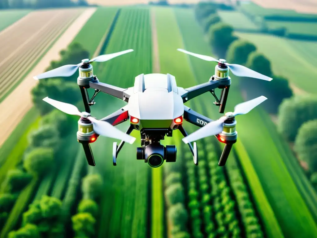 Un dron agrícola moderno rociando pesticida sobre un campo verde exuberante, mostrando tecnología y patentes de formulaciones químicas pesticidas