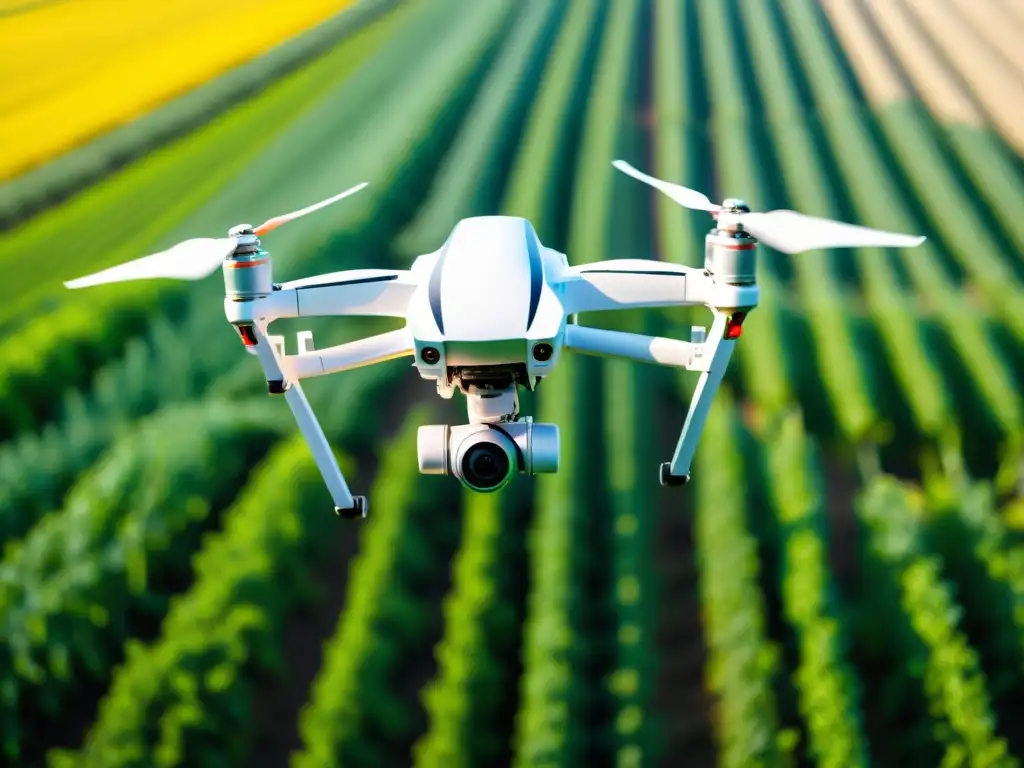 Un dron agrícola de alta tecnología sobrevuela un campo de cultivos genéticamente modificados, destacando la innovación agronómica