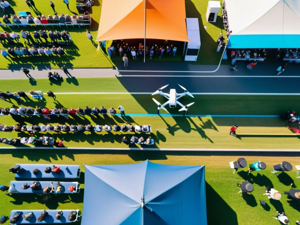 Un drone graba un evento multitudinario al aire libre con colores vibrantes y composición dinámica, destacando las regulaciones grabación aérea eventos