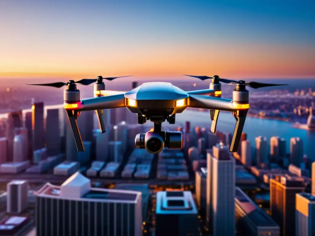 Un drone futurista sobrevolando la ciudad al atardecer, reflejando el sol con su cuerpo metálico