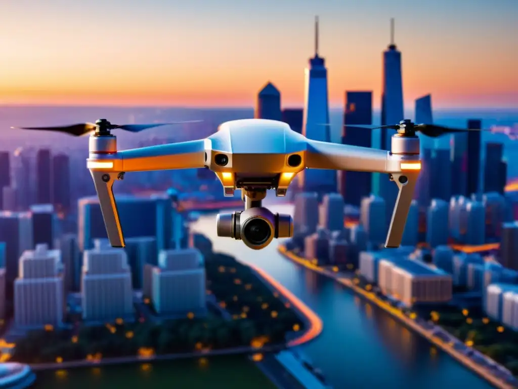 Un drone futurista sobrevuela una ciudad al atardecer