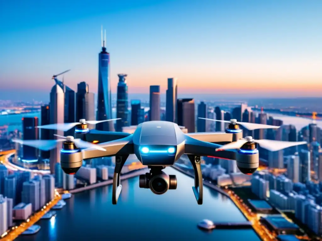 Un drone futurista brilla sobre una ciudad bulliciosa al atardecer, perfecta representación de protección legal propiedad intelectual drones