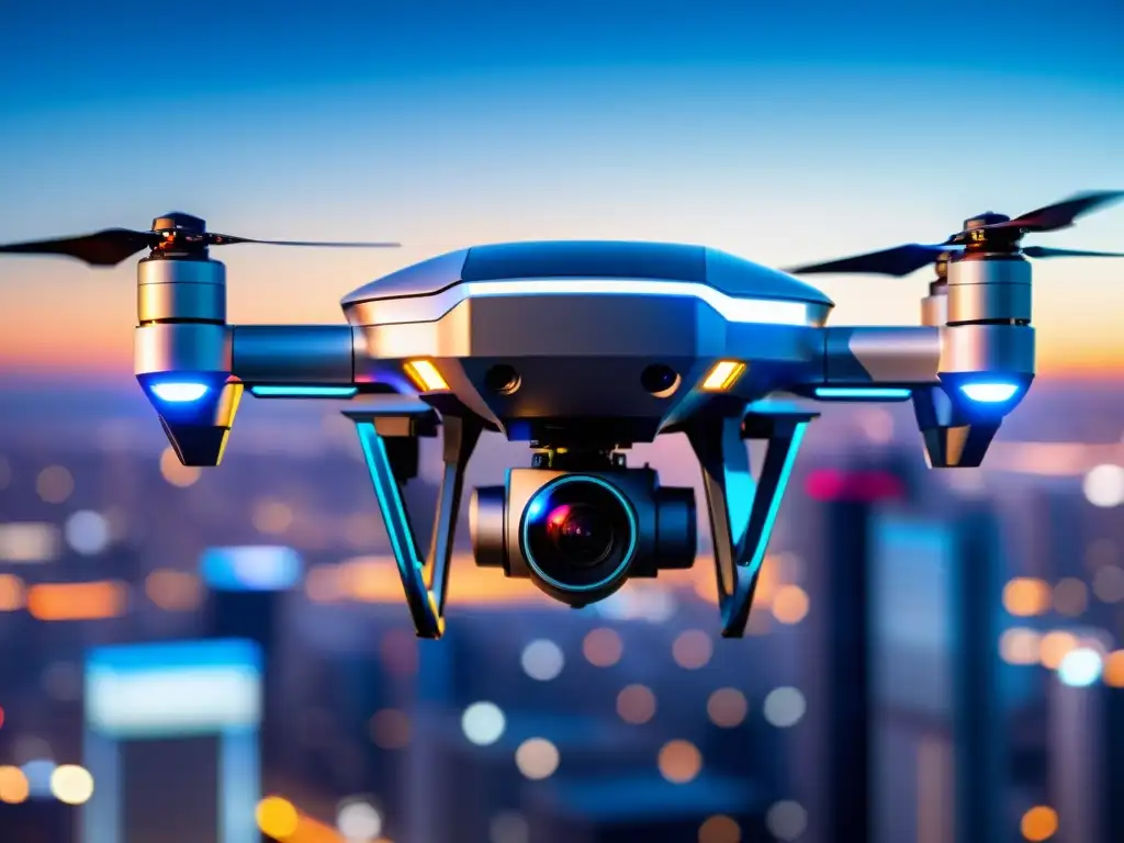 Un drone futurista flotando entre rascacielos, rodeado de datos luminosos