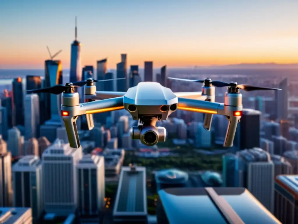 Un drone moderno surca el cielo urbano al atardecer, destacando su avanzada tecnología