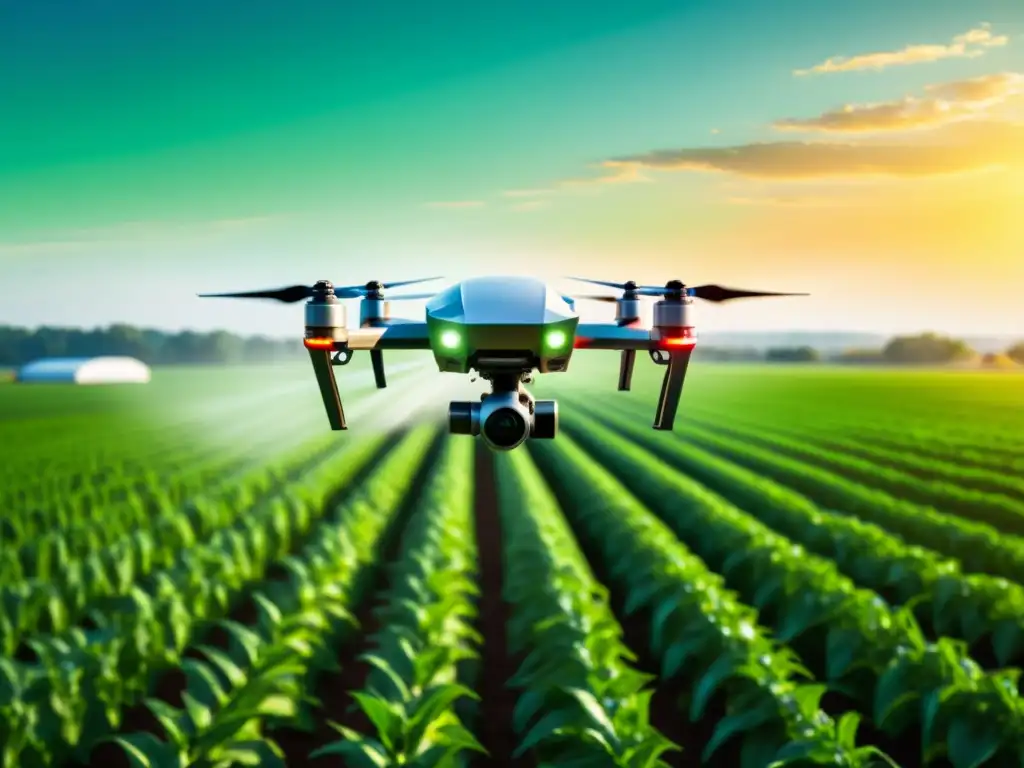 Drone moderno supervisa cultivos, con instalación agrícola futurista al fondo