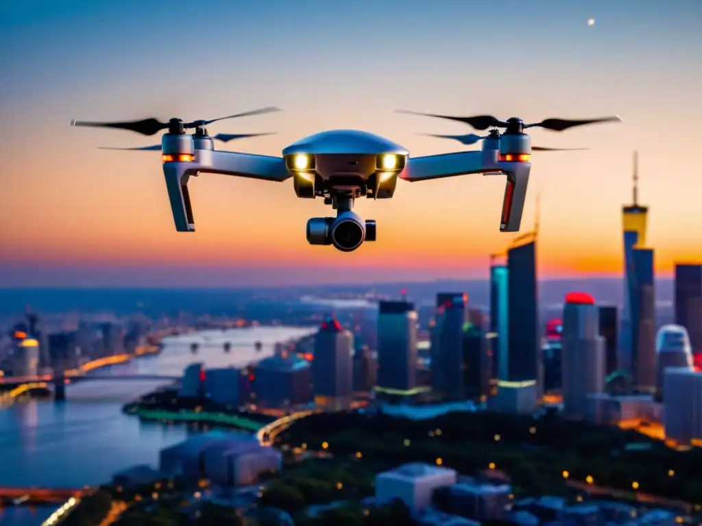Un drone moderno y elegante sobrevuela una vibrante ciudad al atardecer, reflejando la calidez del sol