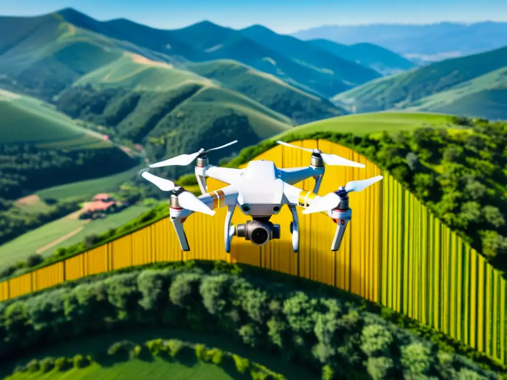 Un drone sobrevolando un paisaje pintoresco, destacando la innovación en fotografía aérea