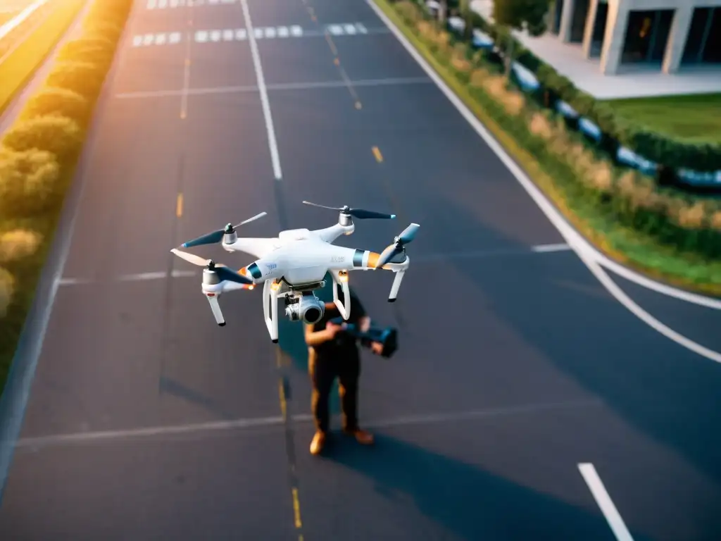 Un drone captura a un periodista en acción en la ciudad, ilustrando la intersección entre tecnología y periodismo