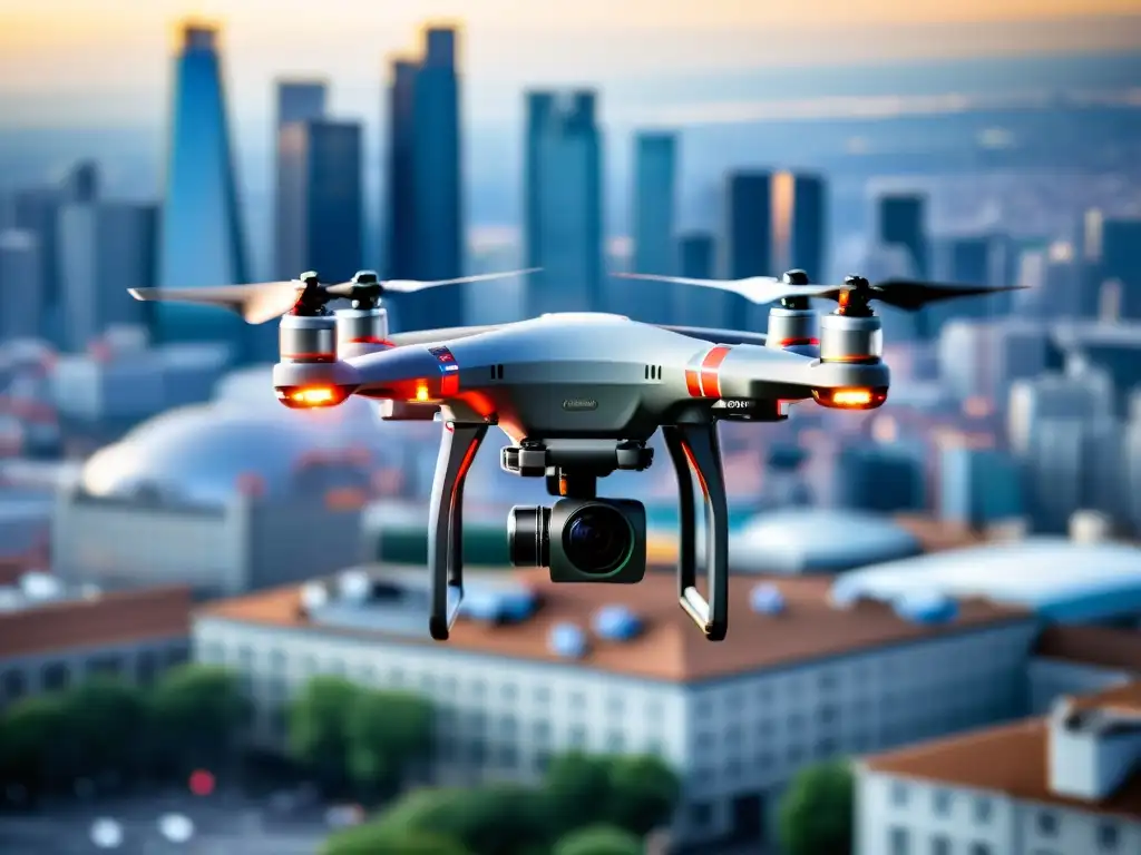 Un drone con placa de prensa vuela sobre la ciudad, capturando una vista única