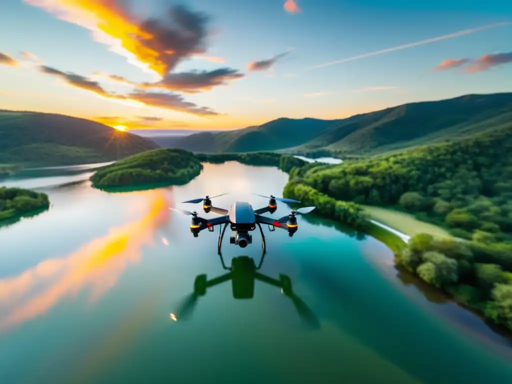 Drone capturando la vibrante puesta de sol sobre lago y colinas