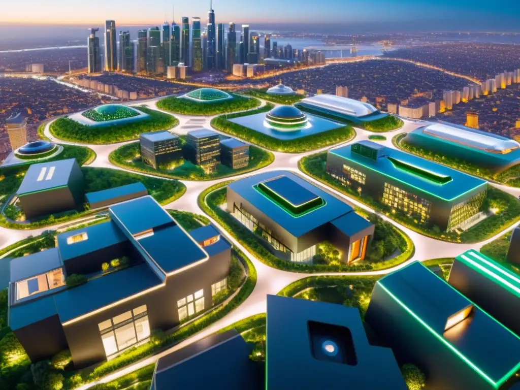 Drones iluminando una ciudad futurista, integrando tecnología y naturaleza