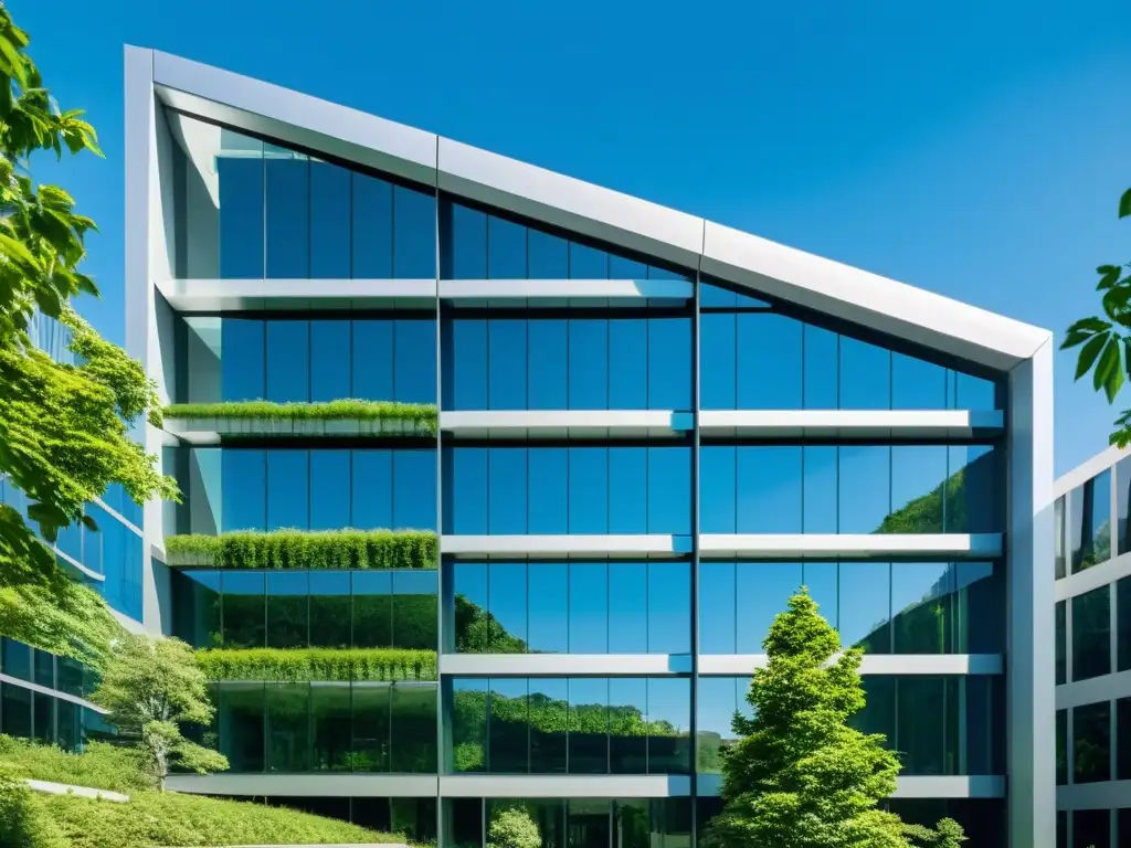 Edificio corporativo futurista con diseño innovador, rodeado de naturaleza exuberante y cielo azul