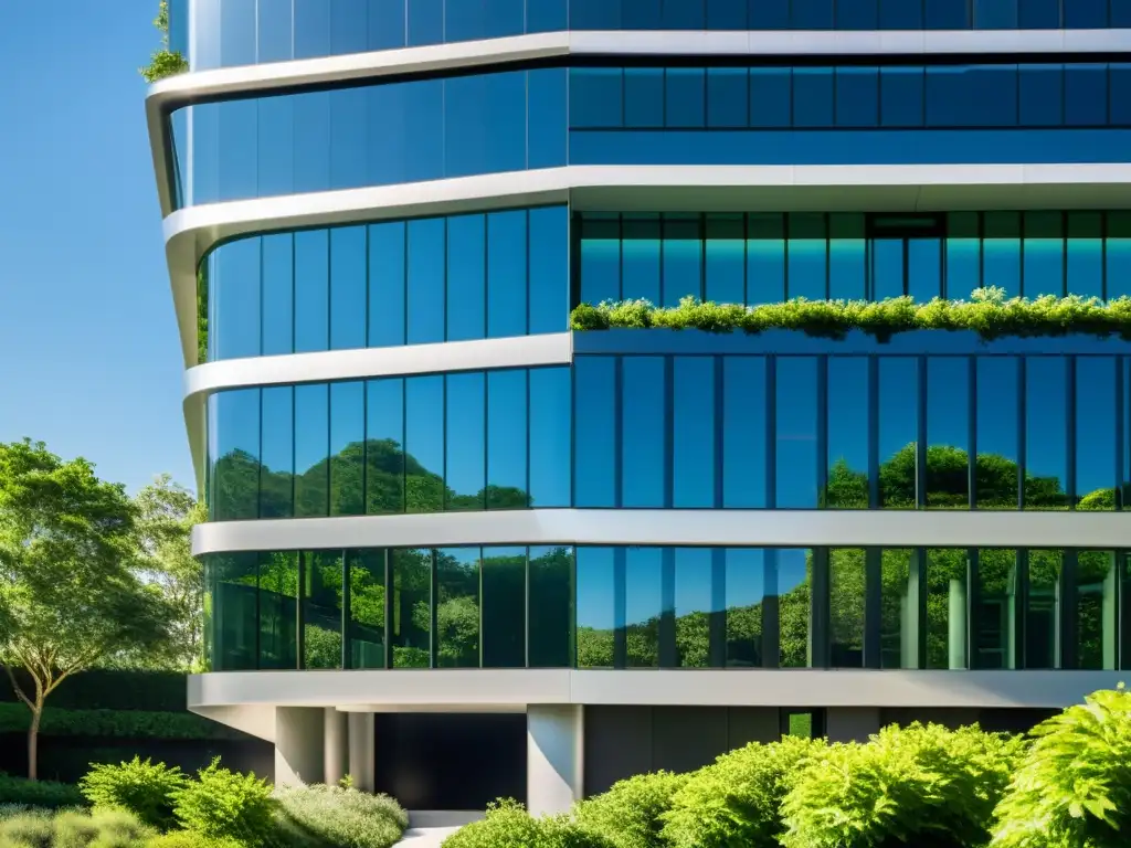 Edificio futurista y elegante rodeado de vegetación