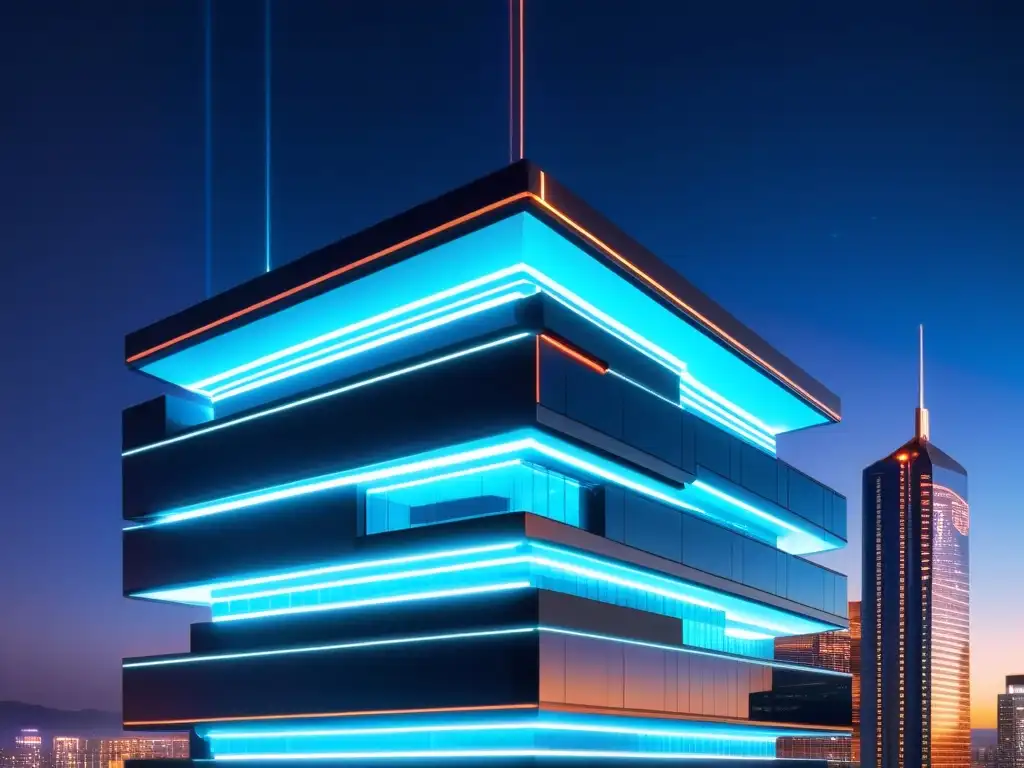 Edificio futurista con elementos de ciberseguridad integrados, desafíos ciberseguridad propiedad intelectual en ciudad nocturna