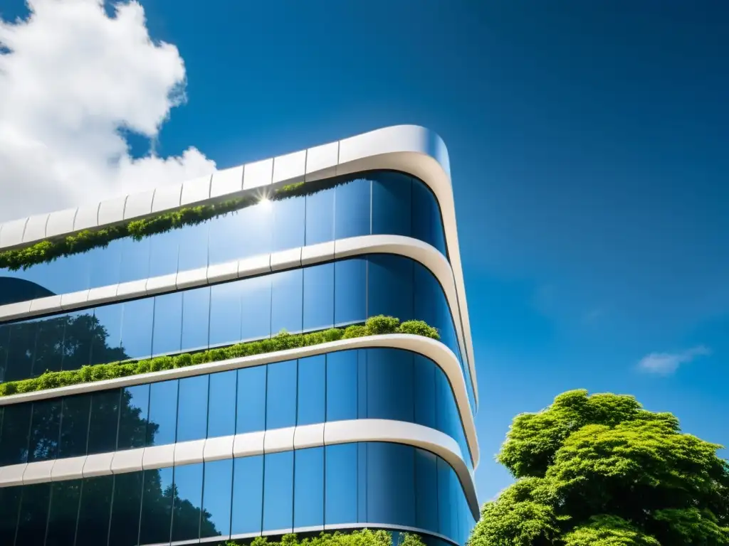Edificio futurista de oficinas con diseño geométrico, bañado en luz natural, rodeado de naturaleza
