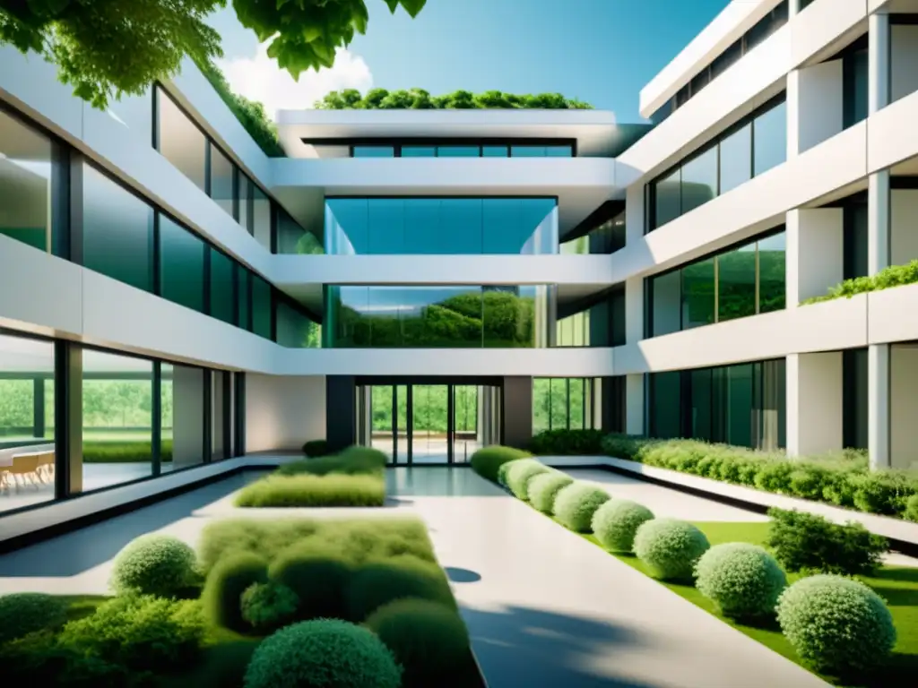 Edificio hospitalario futurista con tecnología médica avanzada y diseño vanguardista, rodeado de vegetación