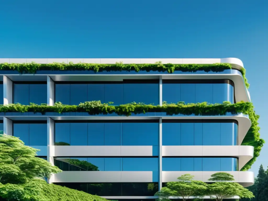 Edificio moderno con cristales reflectantes, rodeado de vegetación y cielo azul