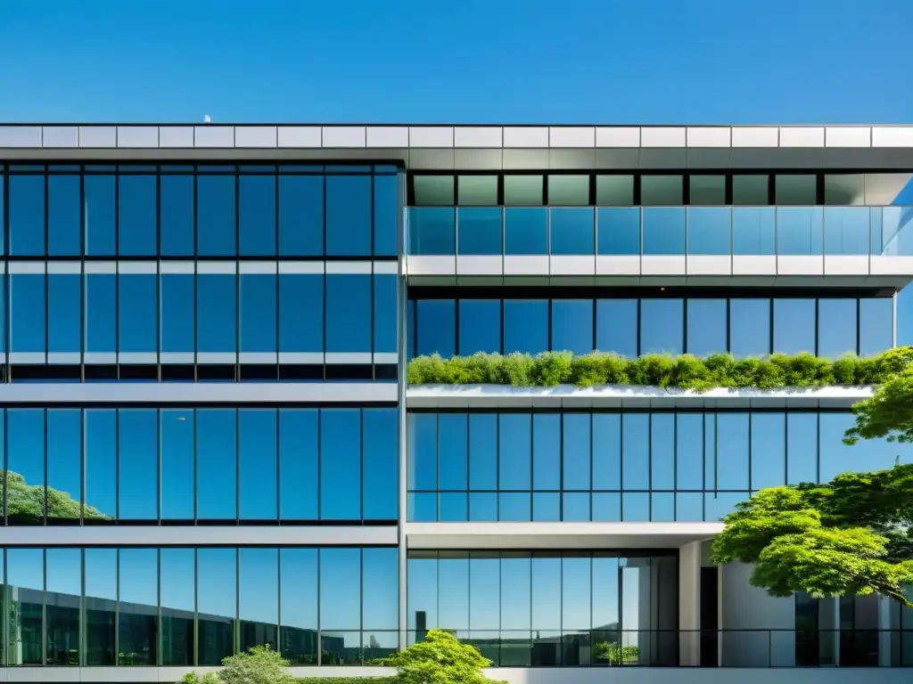 Edificio moderno con diseño innovador y jardín en la azotea, reflejando protección de identidad comercial patentes en entorno urbano dinámico