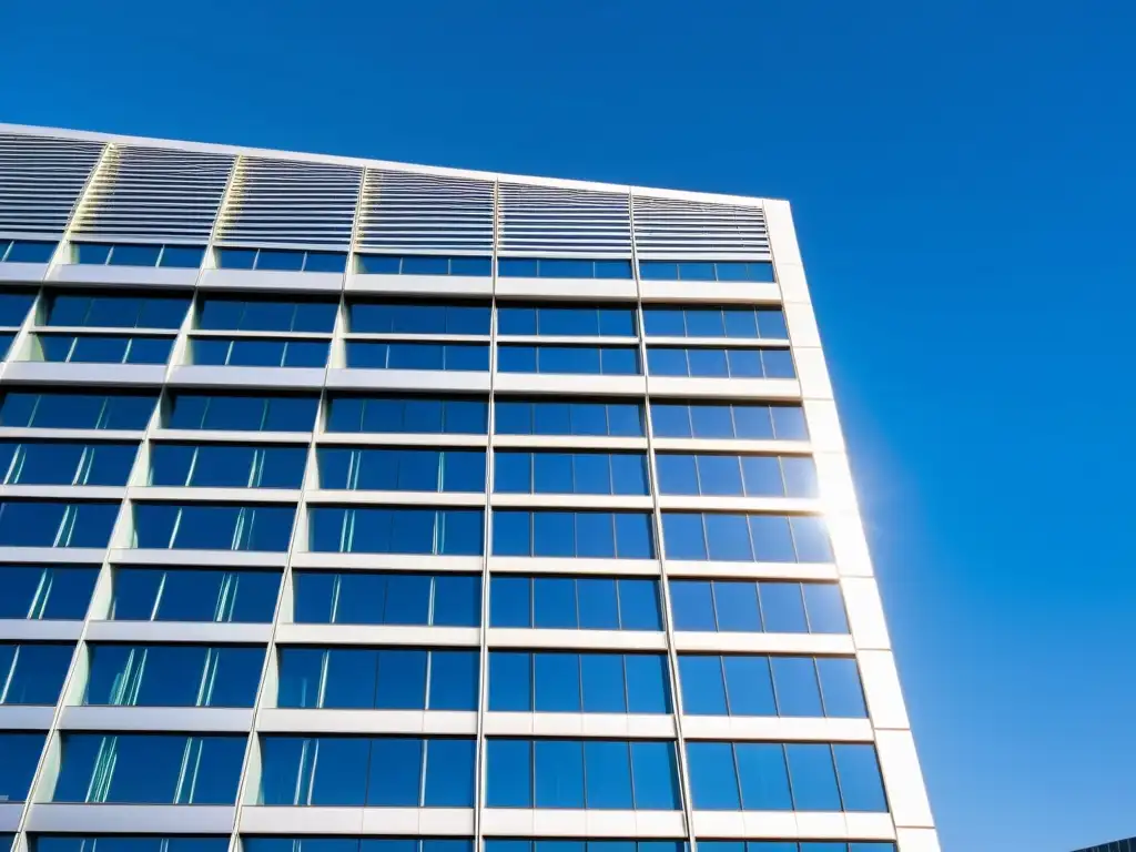 Edificio moderno de la Oficina de Propiedad Intelectual de la Unión Europea (EUIPO) bajo cielo azul, reflejando la ciudad