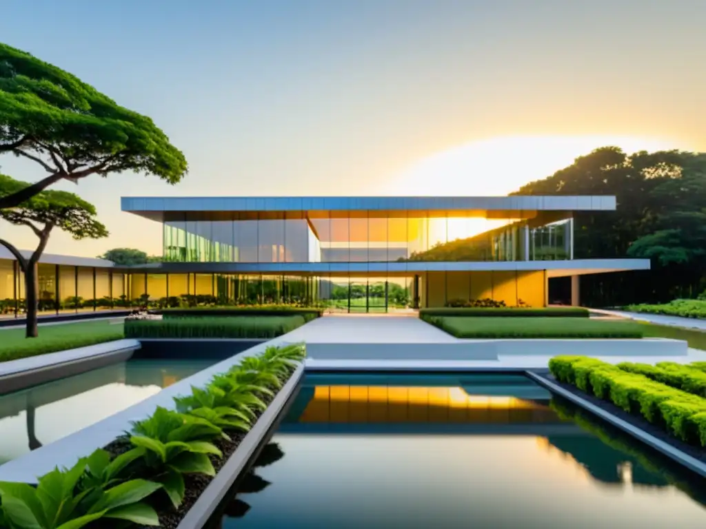 Edificio moderno de vidrio de la sede de APUCC, rodeado de naturaleza, con el sol poniéndose y reflejándose en el agua