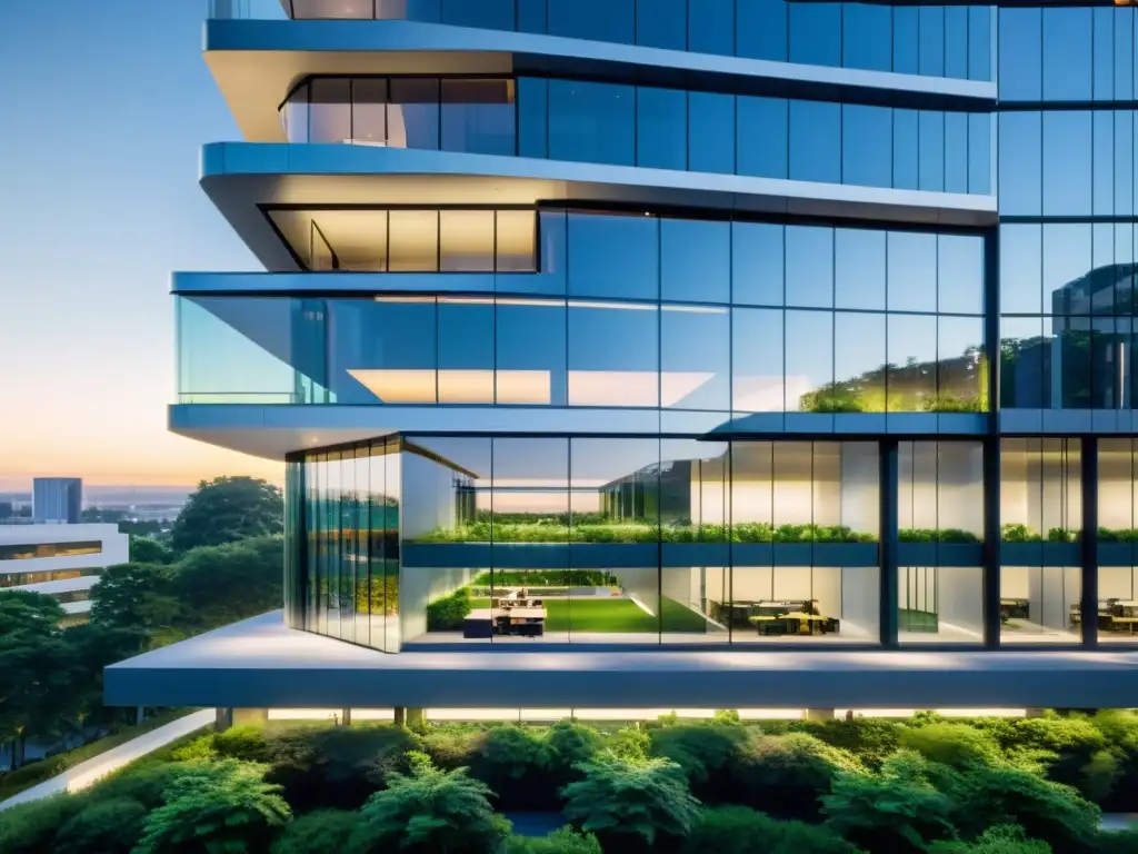 Edificio de oficinas futurista con diseño minimalista y tecnológico, integrado en la naturaleza urbana al atardecer