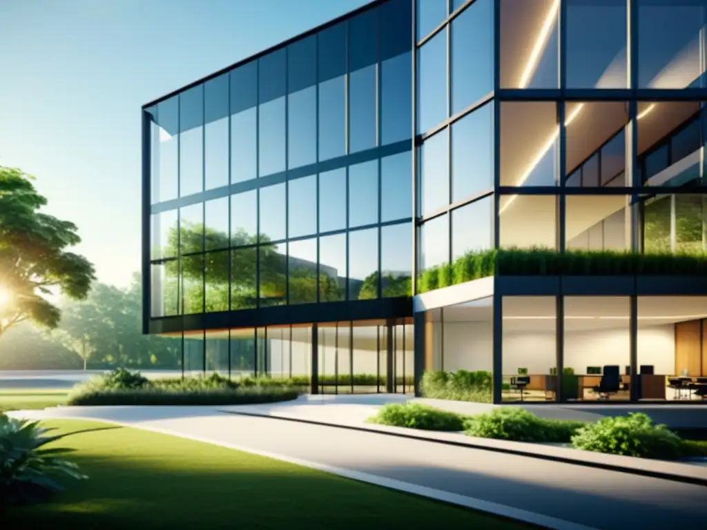 Edificio de oficinas moderno y elegante con paredes de vidrio, rodeado de vegetación