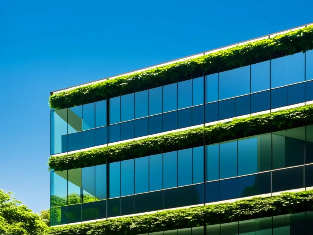 Un edificio de oficinas moderno con fachada de vidrio, rodeado de exuberante vegetación bajo un cielo azul vibrante