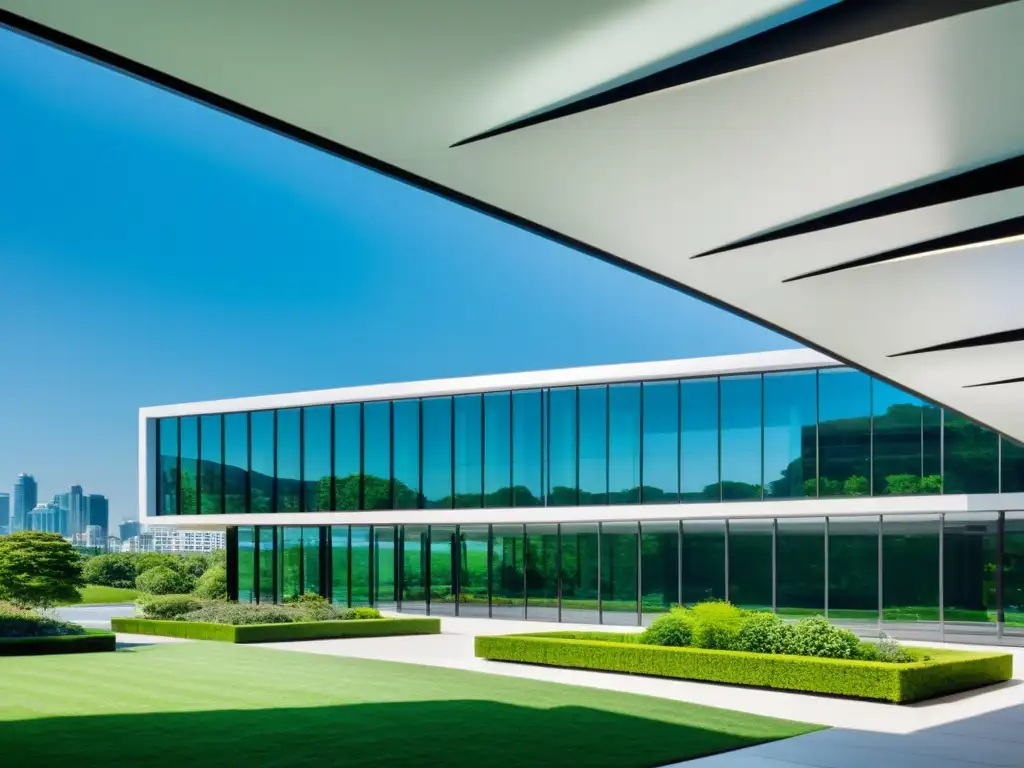 Edificio de oficinas moderno reflejando el horizonte urbano, con diseño geométrico y paisaje lujoso