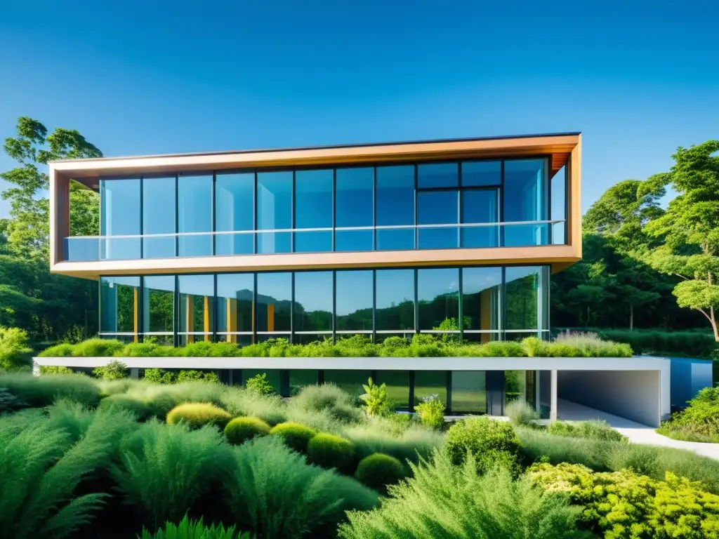 Edificio de oficinas sostenible rodeado de naturaleza exuberante y paneles solares, reflejando innovación para empresas verdes sostenibles