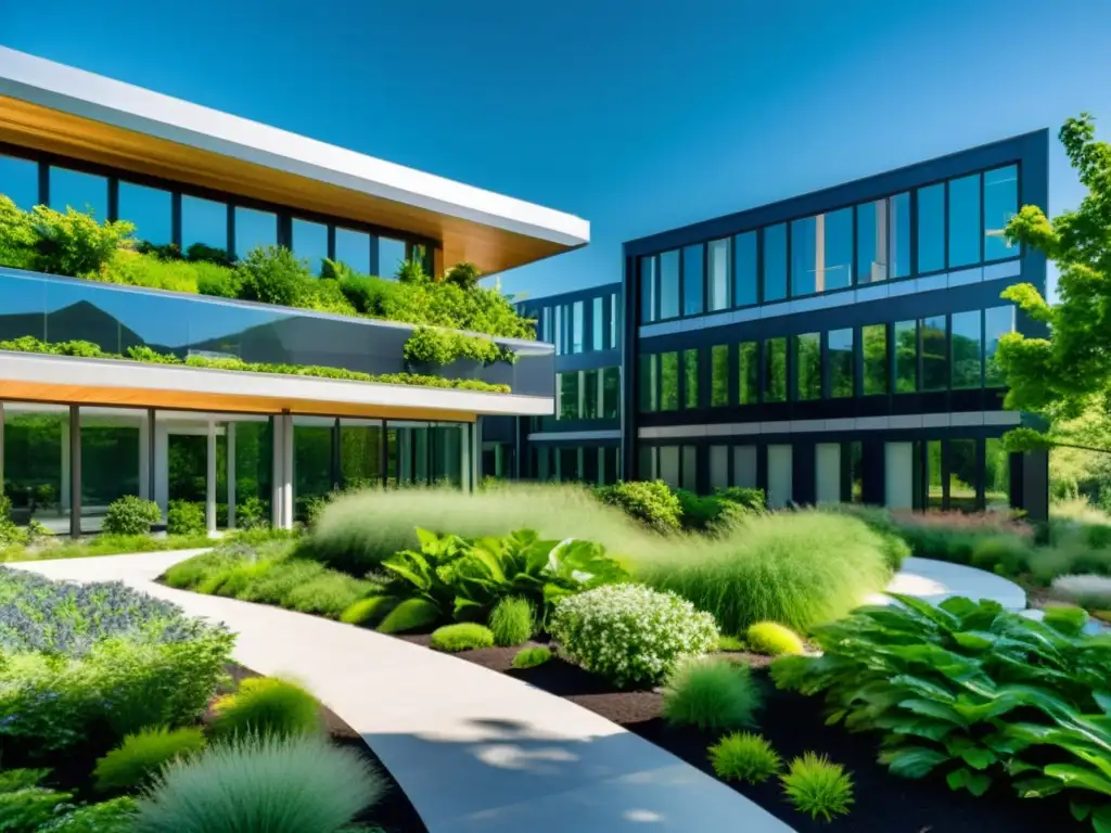 Edificio de oficinas sostenible rodeado de exuberante vegetación