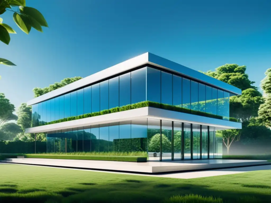 Edificio de oficinas de vidrio transparente, rodeado de vegetación exuberante, reflejando la ética en propiedad intelectual transparente