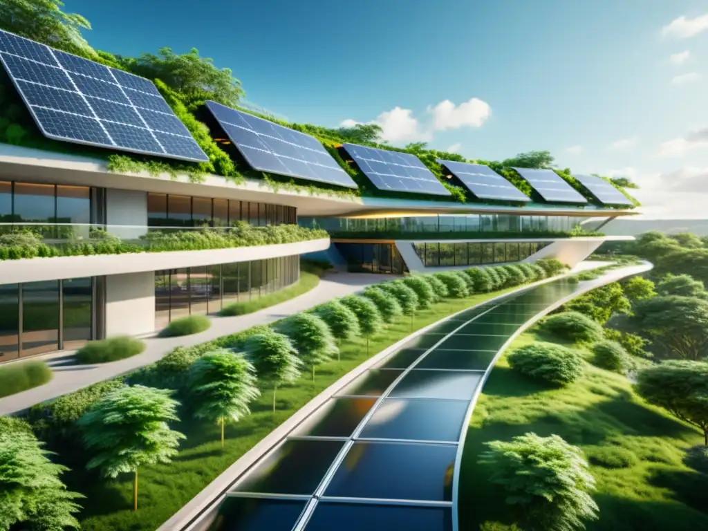 Edificio sostenible futurista rodeado de vegetación exuberante, con paneles solares integrados y transporte público eficiente