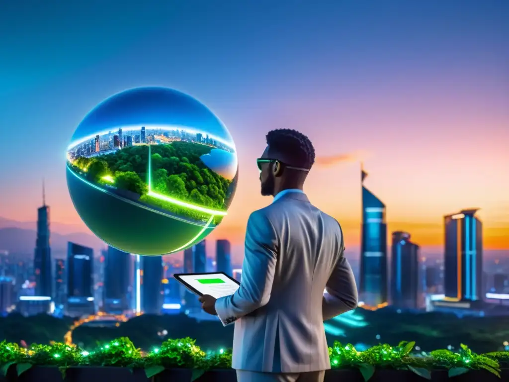 Un ejecutivo sostiene una esfera brillante y un documento de patente, frente a una ciudad futurista y ecoamigable