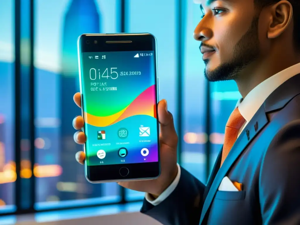 Un ejecutivo interactúa con un smartphone futurista y transparente que proyecta diagramas y diseños tecnológicos