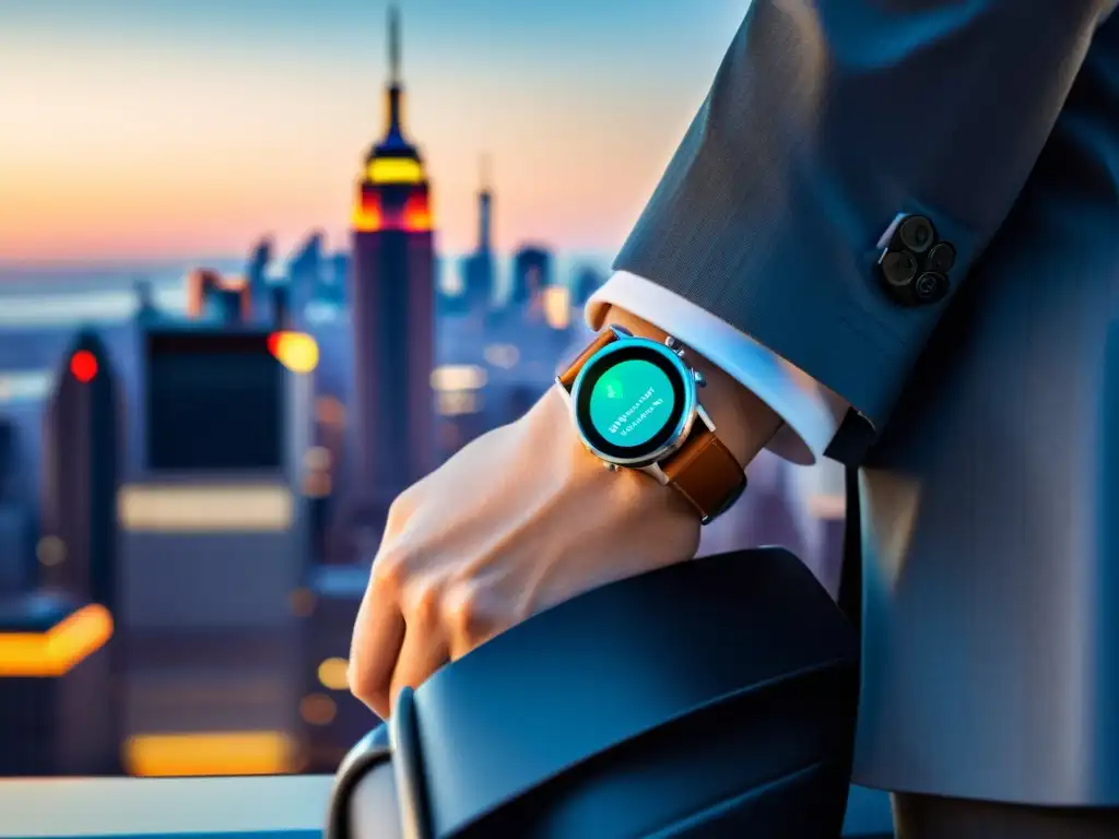 Un ejecutivo usa un smartwatch moderno con datos de cumplimiento en propiedad intelectual tecnología, contrastando con el bullicio de la ciudad