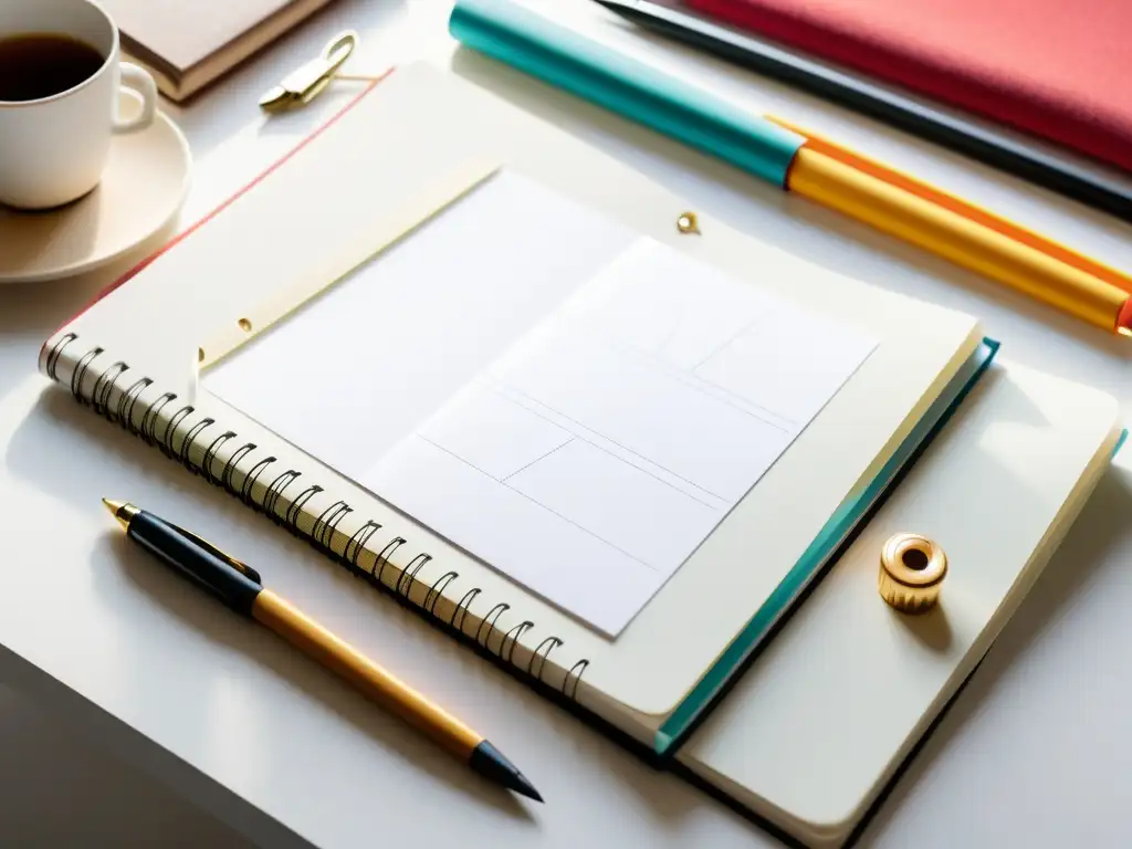 Diseños de moda: Detalles y color en un entorno elegante Un elegante cuaderno de bocetos de un diseñador de moda, rodeado de herramientas minimalistas en una mesa blanca bañada por la luz natural