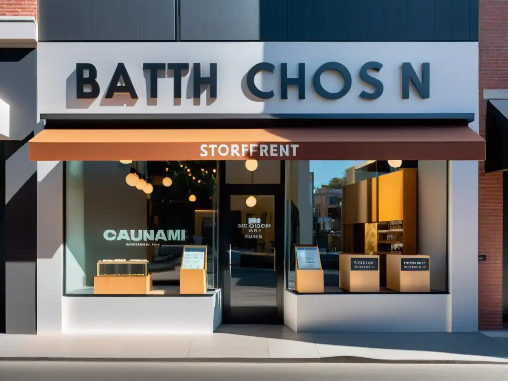 Tienda moderna con marca impactante y estilo sofisticado Un elegante escaparate moderno bañado por la cálida luz del sol, proyectando sombras dramáticas en su fachada minimalista