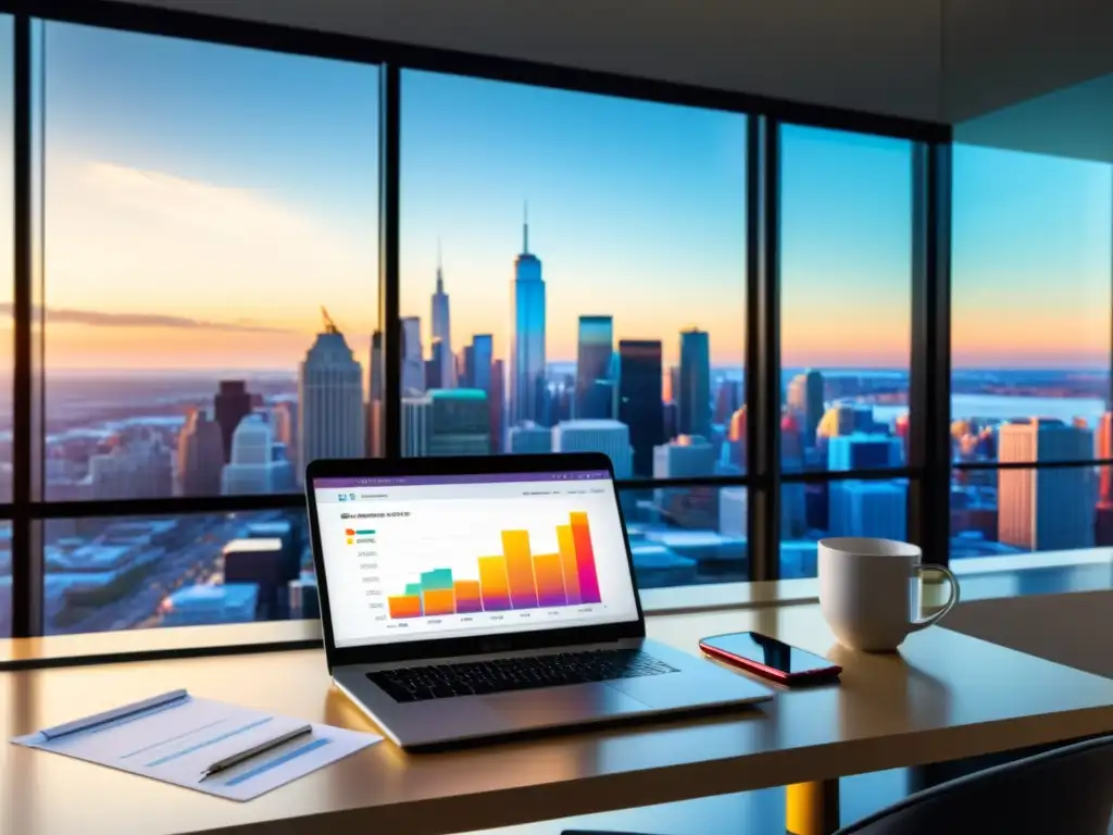 Un elegante escritorio de oficina con dispositivos electrónicos y documentos, iluminado por luz natural, con una vista de la ciudad al fondo